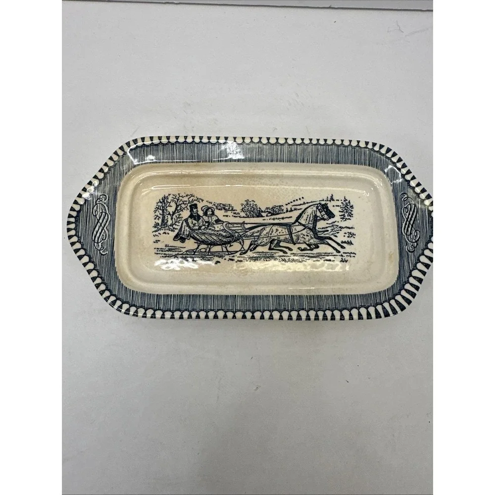 Vintage Royal Currier & Ives Blue and White Butter Dish (No Lid) The Road Winter
